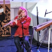 Jeanne Anne on flute and psaltry and foot bells for the new arrangement "O Come All Ye Faithful/Jesus Shall Reign."   (photo by Danl Blackwood)